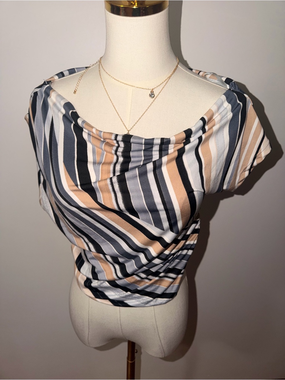 Striped Draped Cowl Neck Top - Black, Gray & Tan